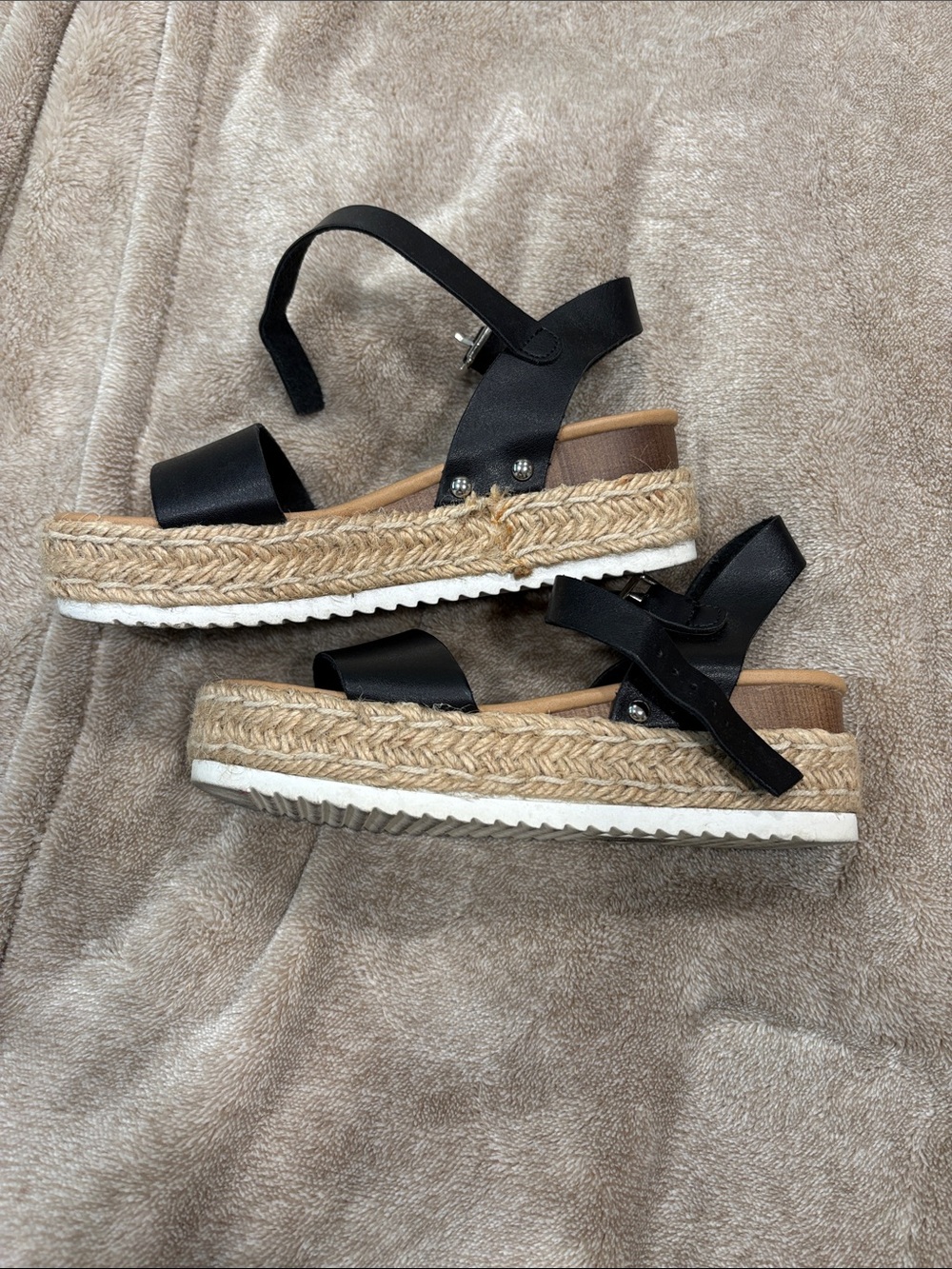 Womens Black Espadrille Platform Sandals - Leather Strap size 6